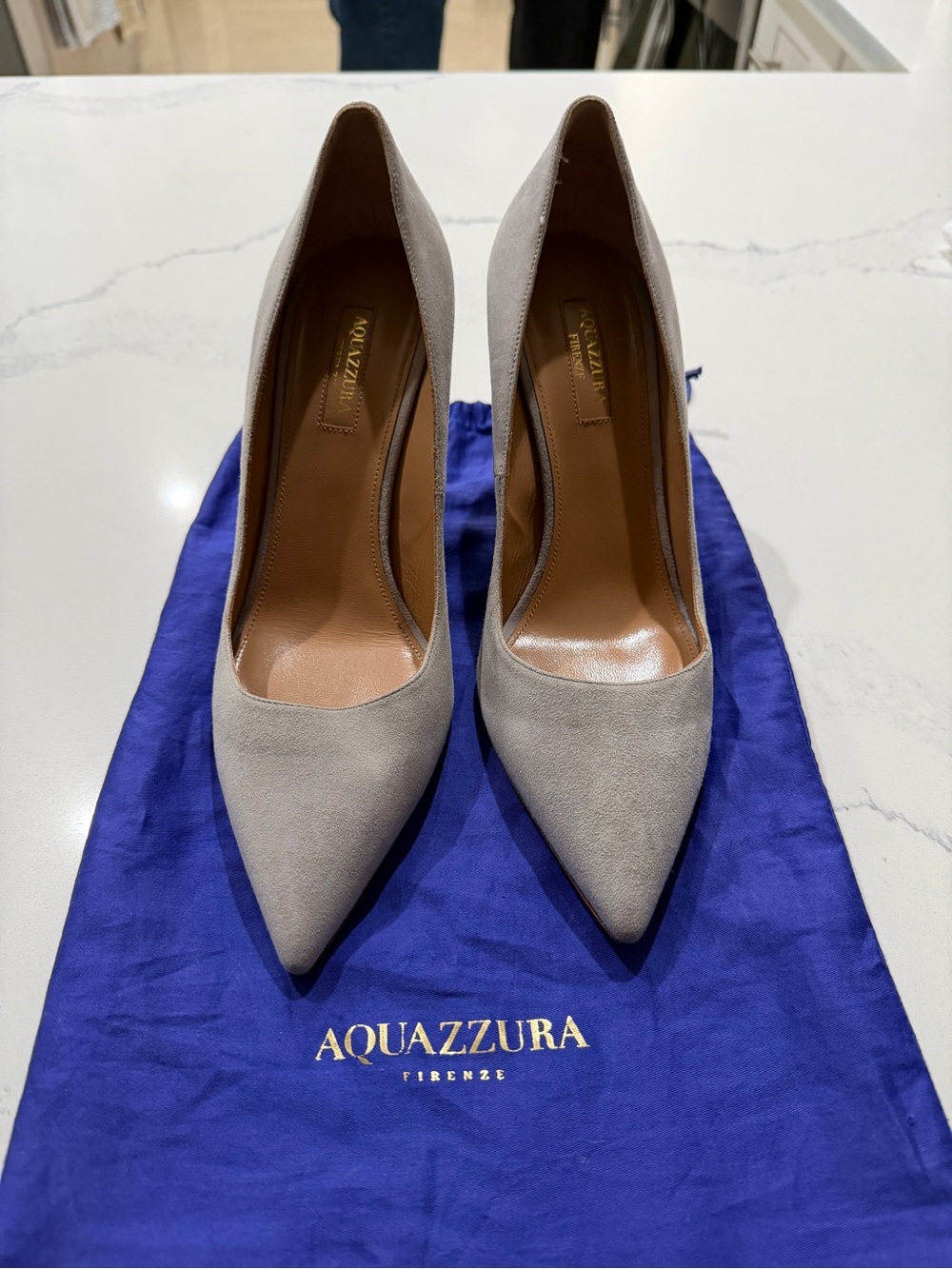 Aquazzura Gray Suede Pointed-Toe Pumps